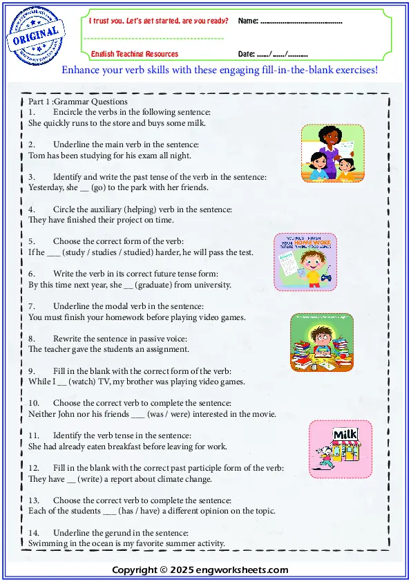 Free Printable Verb ESL Worksheet Worksheet Preview